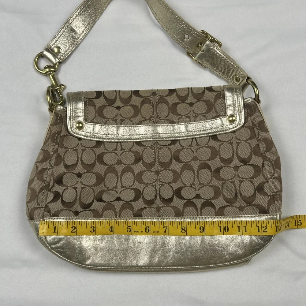 VTG Coach Signature F12857 Beige Gold Big Turn Lock Shoulder Bag Gold Hardware